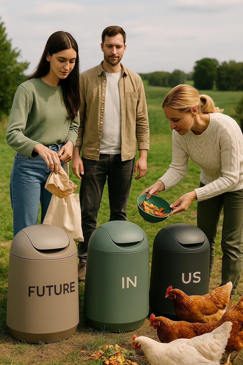 Three people in a rural landscape interact with sleek, futuristic recycling bins labeled FUTURE, IN, and US. One person drops food scraps into a green bowl to feed chickens. The peaceful countryside setting includes rolling hills and green fields under a bright sky.