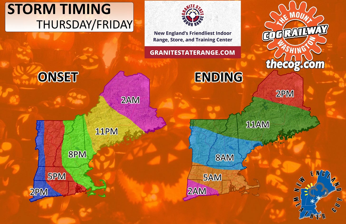 May be a graphic of map and text that says 'STORM TIMING THURSDAY/FRIDAY FRIDAY New England's Friendliest Indoor Range, Store, and Training Center ONSET GRANITESTATERANGE.COM ИE MOUN GRAILWAY RAIL thecog.com ERANNS M3ИMETOT 2AM ENDING 2PM 11PM 8PM 11AM 5PM 2PM 8AM 5AM 2AM を > 一 CB'