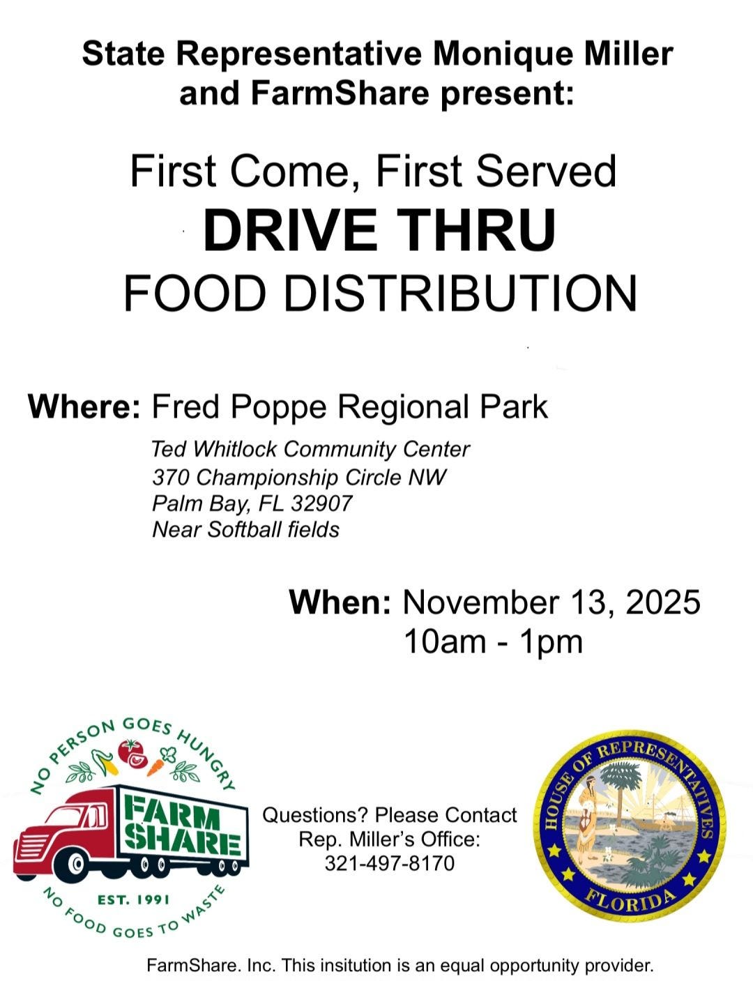 Flyer for the Farm Share drive-thru food distribution event in Palm Bay, listing the date, time, location, and contact information, along with Farm Share and Florida House of Representatives logos.