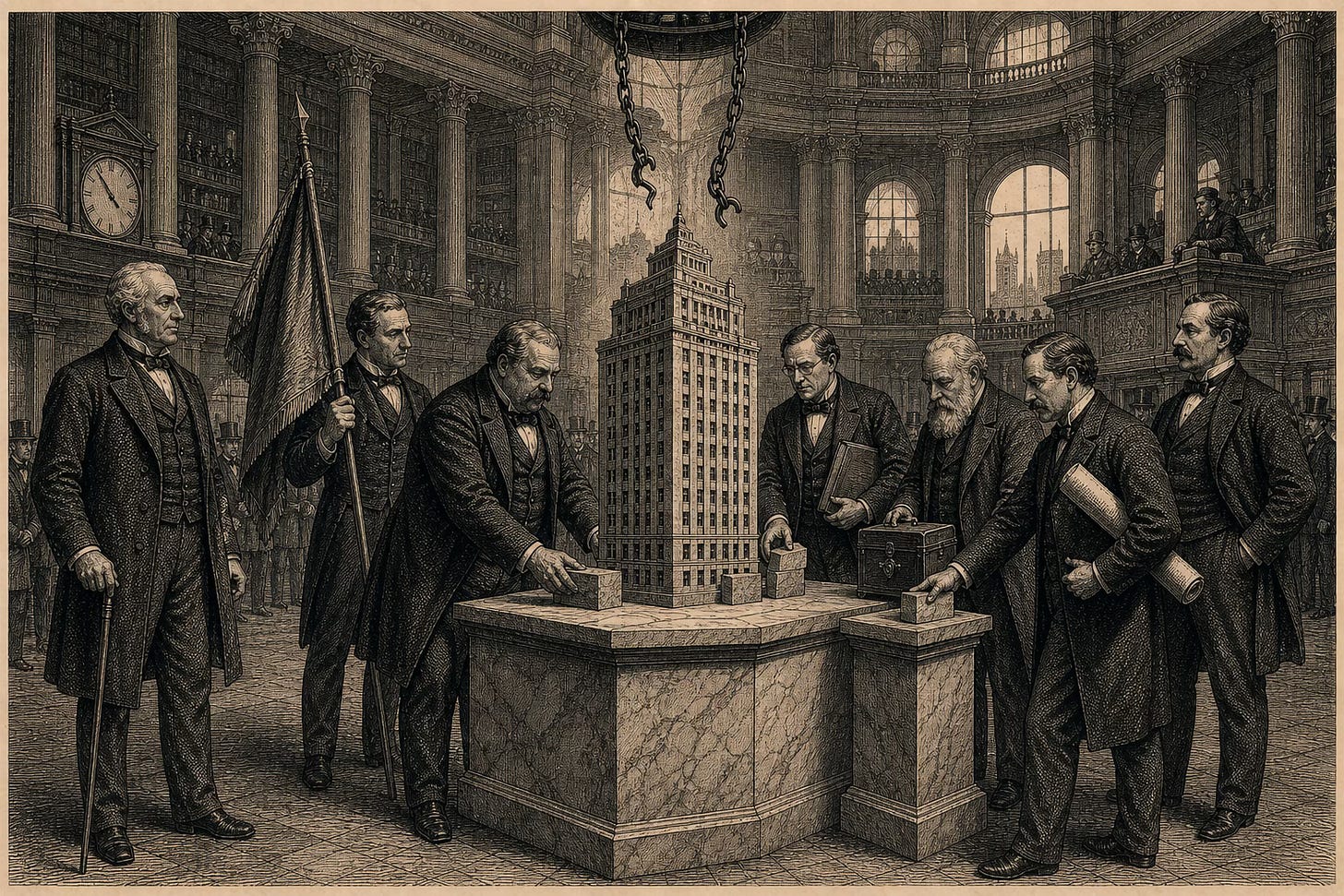 Wood-engraving editorial illustration in the Thomas Nast Harper's Weekly style for Attention Capital's essay How WWE Sold the Same Audience Four Times. A grand neoclassical financial exchange interior holds a carved stone model of a building on a low marble pedestal in the center of the trading floor, surrounded by seven Victorian institutional figures each placing a heavy stone block at the base, while a broken chain hangs above where the building was previously suspended from a public-facing platform. The image visualizes the Silver Lake-led $25 billion take-private of Endeavor closed in March 2025, with co-investors including Mubadala, DFO Management, Lexington Partners, Goldman Sachs Asset Management, and CPP Investments. The image anchors the essay's argument that institutional sponsor capital took the parent off the public market because the public market was pricing the asset as a conglomerate rather than a duration asset.
