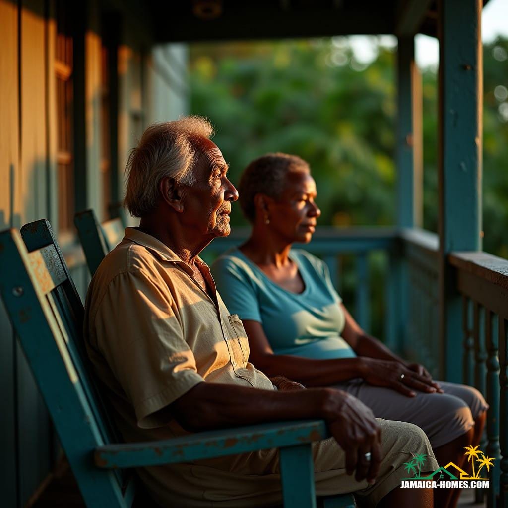 Elderly African American couple, retired, sitting on a worn wooden porch, surrounded by lush Jamaican foliage, warm golden light casting a gentle glow on their weathered faces, soft focus, shallow depth of field, 35mm film texture, subtle film grain, vignette, rich color palette with deep blues and greens, warm skin tones, cinematic lighting with softbox and sidelights, reminiscent of the cinematic styles of Ava DuVernay, Ryan Coogler, and Barry Jenkins, evoking a sense of nostalgia and serenity.