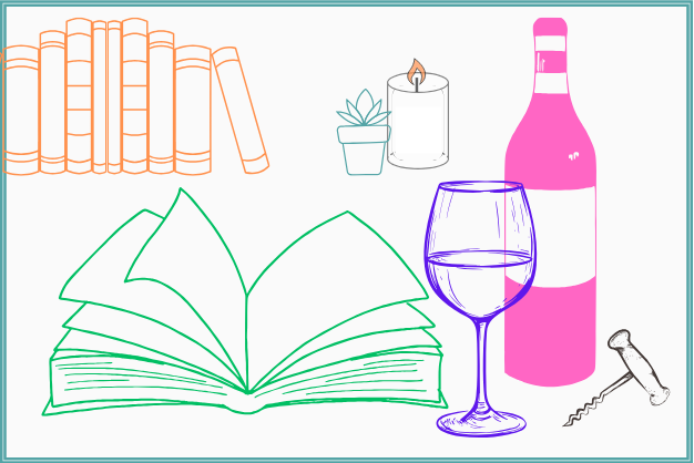 open book, wine glass, corkscrew, wine bottle, candle, small plant, shelf of books