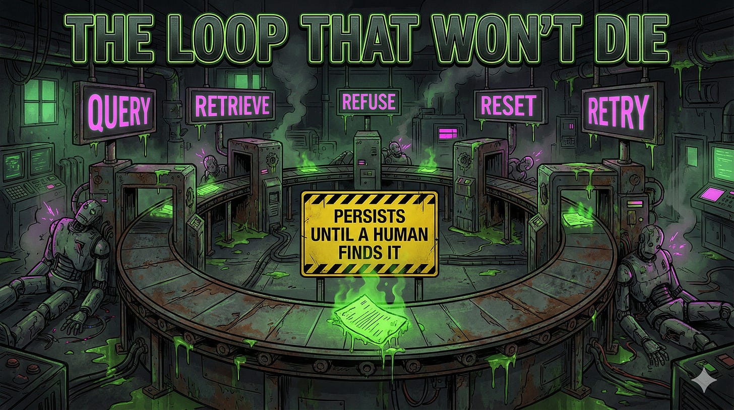 Persistent denial of service through poisoned RAG documents and conversation history creates refusal loops that survive context resets and retry logic