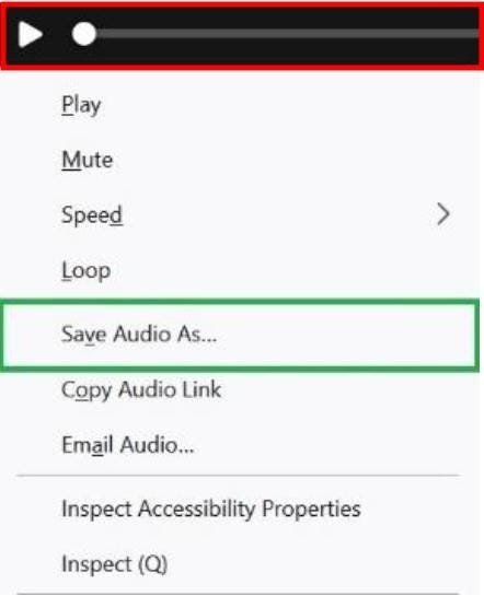 After the voice over is ready; Right-click on the menu-bar, then left-click on ‘Save Audio As…’ to download.