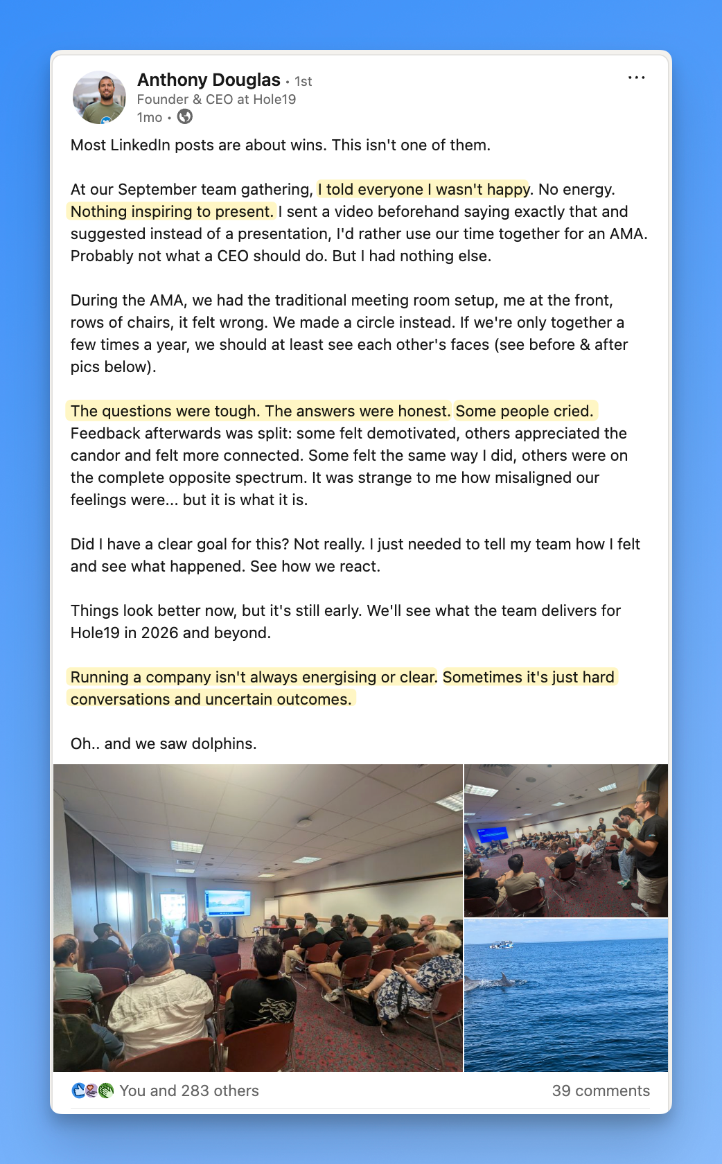 vulnerable linkedin post from a founder