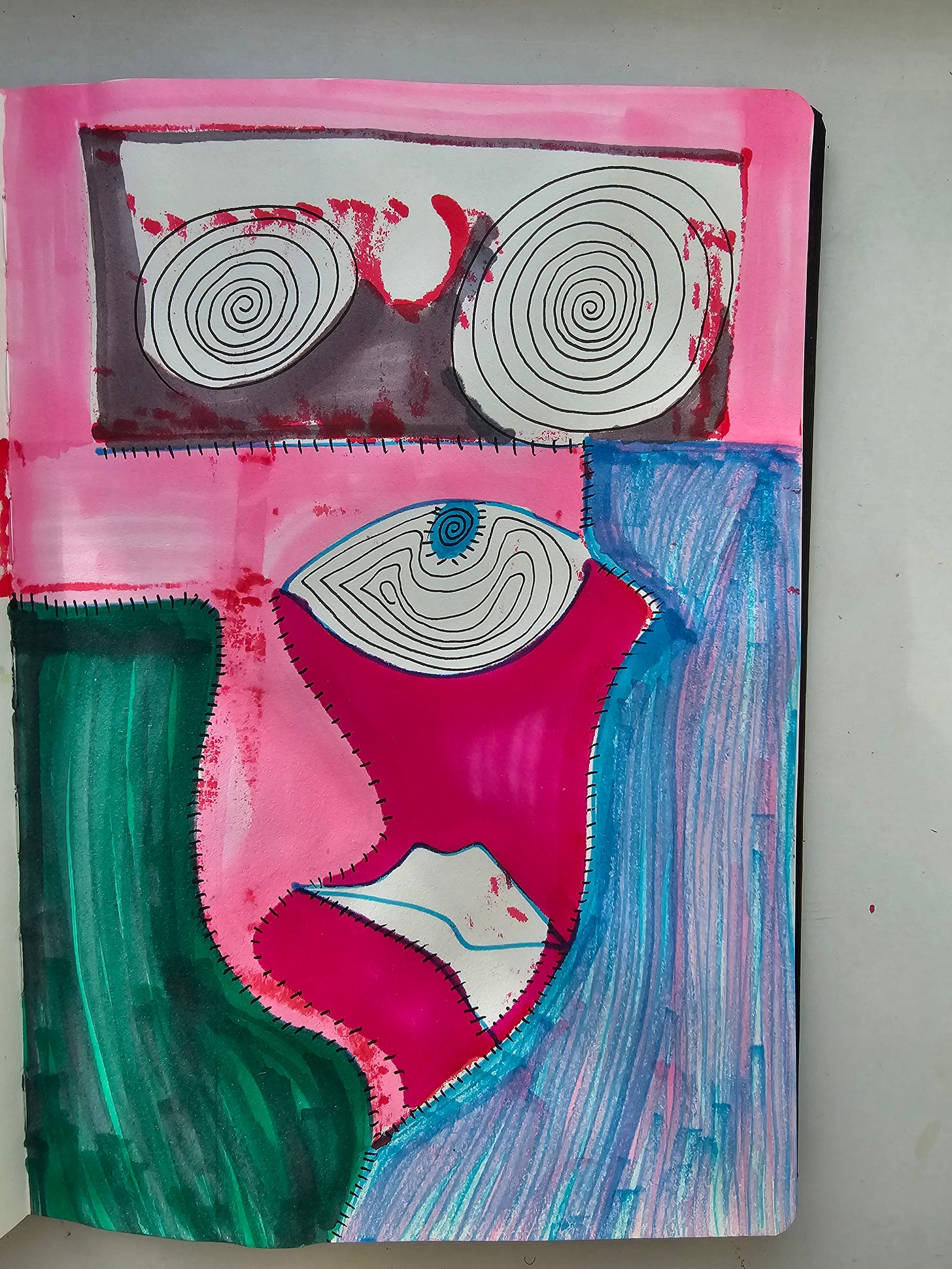 Hand-drawn marker artwork showing a pink abstract figure with spiral eyes, stitched borders, and red splatter against green and blue fields. Hand-drawn marker artwork showing a pink abstract figure with spiral eyes, stitched borders, and red splatter against green and blue fields.