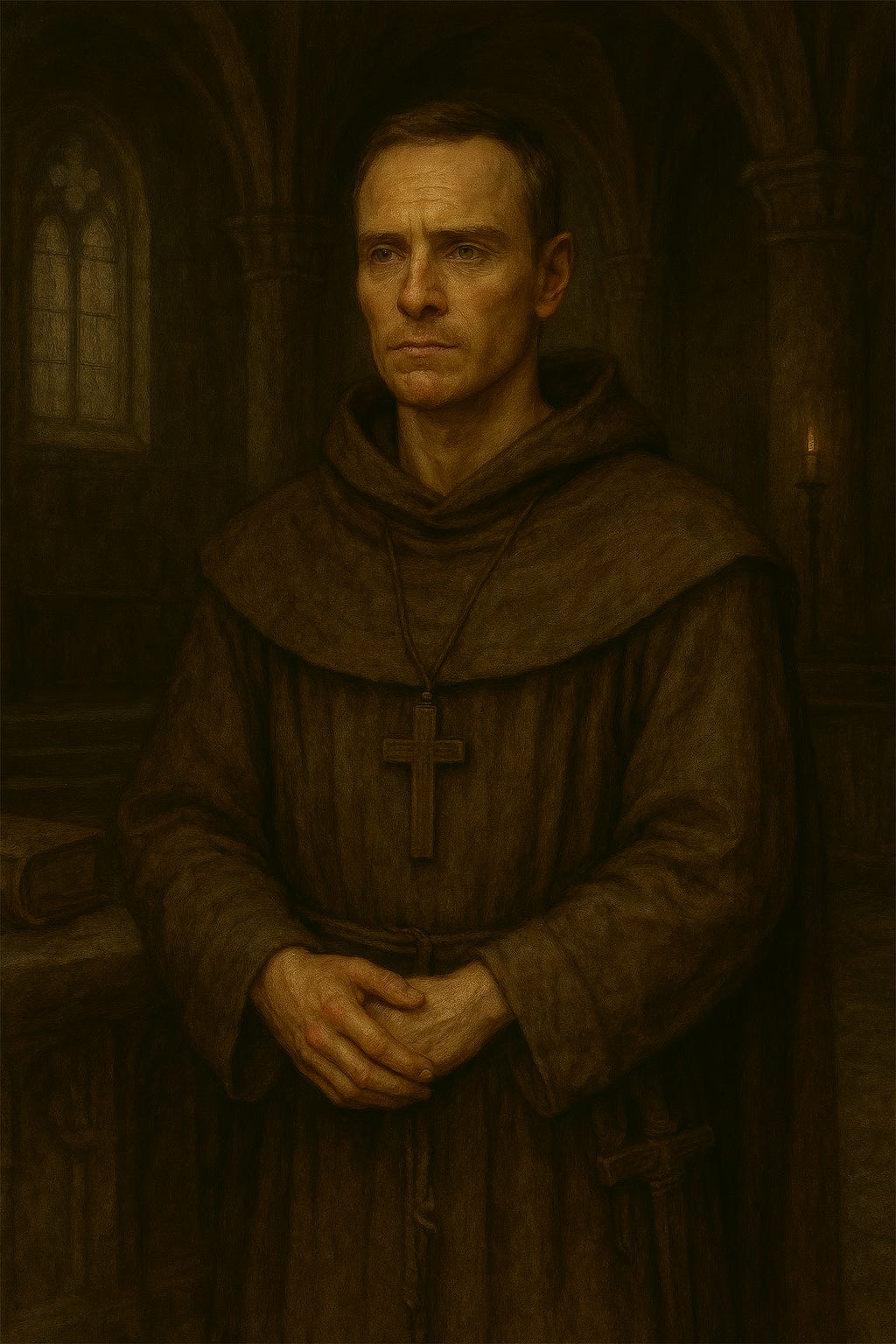 A dark fantasy image of the Abbot, visually reminiscent of Michael Fassbender, standing in the Great Hall of the Abbey of St. Markovia. He appears serene and otherworldly, with sharp features, pale skin, and luminous eyes that hint at his celestial nature. He wears immaculate white robes trimmed with gold, the fabric flowing and pristine despite the abbey’s decay. The Great Hall around him is vast and echoing, with cracked stone floors, towering columns, and faded frescoes of saints and angels. Moonlight pours through shattered stained-glass windows, casting fractured colors across the hall. The Abbot stands calmly at the center, hands folded, an expression of gentle but unsettling benevolence.