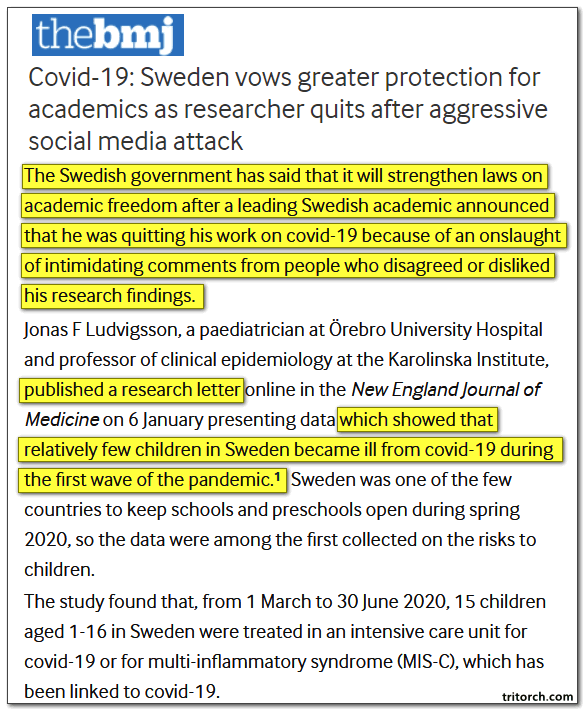 swedish researcher quits after research shows covid-19 poses almost no risk to children