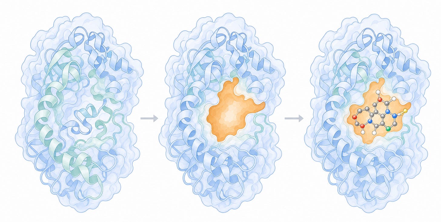 BioRender-style illustration of a protein structure, highlighted binding pocket, and a drug molecule docking. BioRender-style illustration of a protein structure, highlighted binding pocket, and a drug molecule docking.