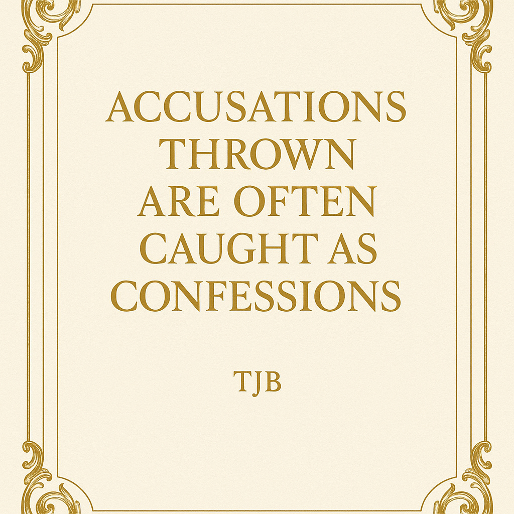Accusations Thrown Are Often Caught As Confessions a quote by TJ Baden on a cream parchment document withe gold lettering and framing.