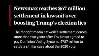 Newsmax has agreed to pay $67 million to settle a lawsuit brought by Dominion Voting Systems over the far-right TV channel's repeated lies about the 2020 election. Following Joe Biden's victory, Newsmax Newsmax has agreed to pay $67 million to settle a lawsuit brought by Dominion Voting Systems over the far-right TV channel's repeated lies about the 2020 election. Following Joe Biden's victory, Newsmax