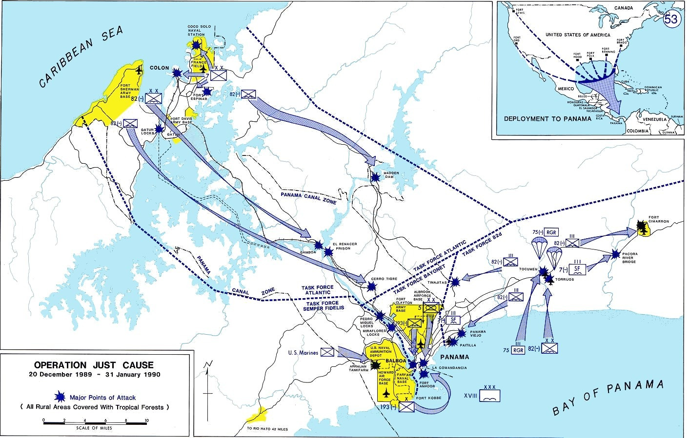Map of  “Operation Just Cause” (US invasion of Panama) December 1989 - January 1990