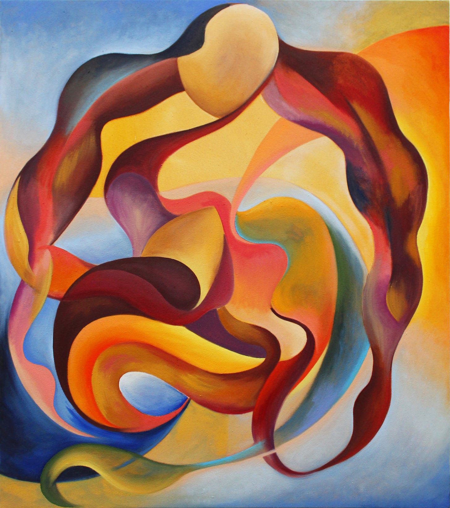 Alex Maceda’s painting two bodies in orbit, a large abstract composition with flowing red, orange, yellow, blue, and green forms that suggest bodies in motion. Alex Maceda’s painting two bodies in orbit, a large abstract composition with flowing red, orange, yellow, blue, and green forms that suggest bodies in motion.
