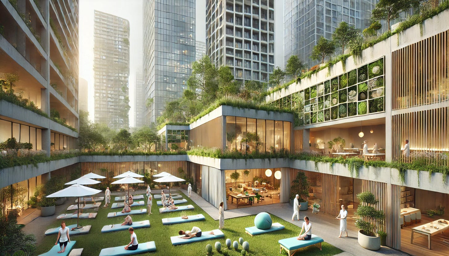 A holistic health center in an urban setting, surrounded by modern buildings with green rooftops and vertical gardens. Inside the center, people are receiving treatments such as acupuncture, massage therapy, and herbal medicine consultations. In an open courtyard, others are practicing yoga and meditation. The atmosphere is peaceful, integrating wellness practices within a bustling city environment, with natural elements like indoor plants and water features enhancing the space.