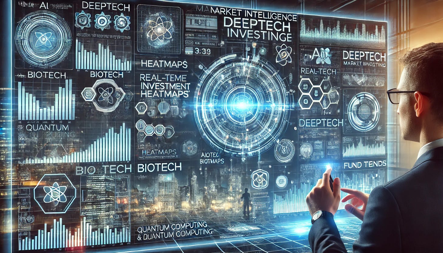 A high-tech horizontal image showcasing market intelligence in deeptech investing. The image features a futuristic digital dashboard with real-time data visualizations, investment heatmaps, and funding trends across AI, biotech, and quantum computing. In the foreground, professional investors analyze deeptech market data on holographic screens, highlighting key statistics and financial charts. The background includes a sleek financial research hub with digital stock tickers and innovation-themed icons, reinforcing a data-driven investment approach.