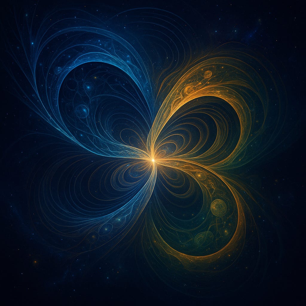 Abstract fractal on a dark sky: two petal-like lobes (blue and gold) curl toward a bright central node, with fine field lines arcing like magnetic streamlines.
