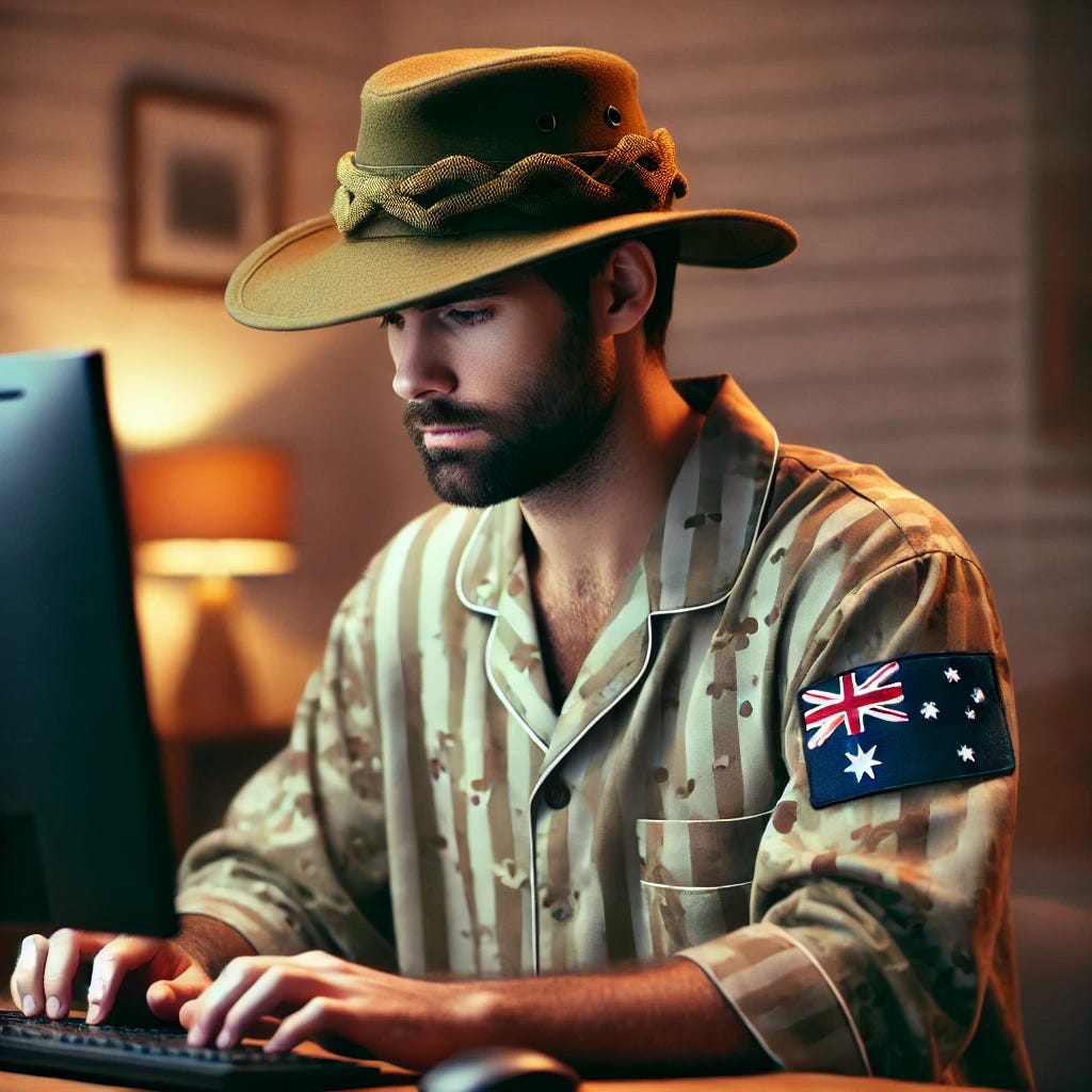 A soldier wearing pyjamas and an Australian slouch hat, sitting in front of a computer. The soldier appears focused, possibly typing or reading something on the screen. The setting is a simple desk with a cozy home atmosphere, with a warm lighting ambiance. The soldier's attire is casual with the distinctive slouch hat adding a military touch.