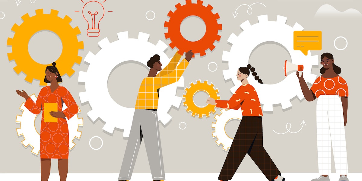 A vector illustration showing a group of four people collaborating and working with giant cogwheels.