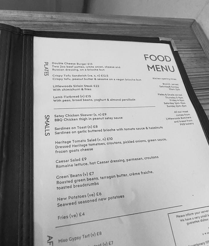 Photos of the menu and wines at Nordie 