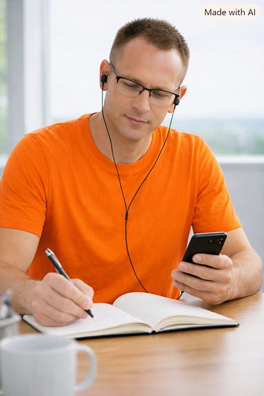 Parent solo écoutant un audio et prenant des notes dans un carnet Parent solo écoutant un audio et prenant des notes dans un carnet