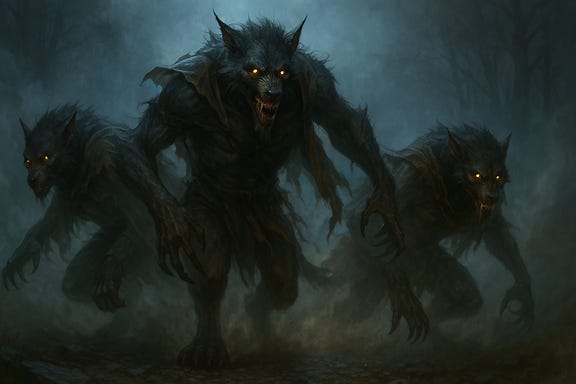 From the fog, a group of false hunters split and twist—bones cracking, jaws elongating, cloaks shredding into fur. They transform into werewolves: lean, muscular, half-man, half-beast. Their eyes glow with hunger. The scene is silent except for the thud of paws on gravel and the hiss of claws unsheathing. The atmosphere is tense, eerie, and cinematic.