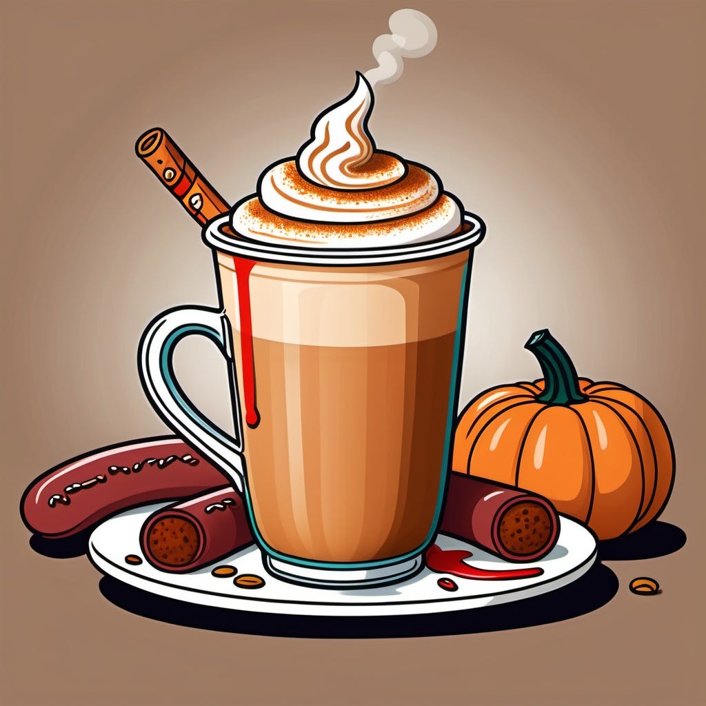 Obrázek vytvořená AI. Pumpkin spice latte, špekáček a dýně. Zátiší. Kvalita strašlivá.