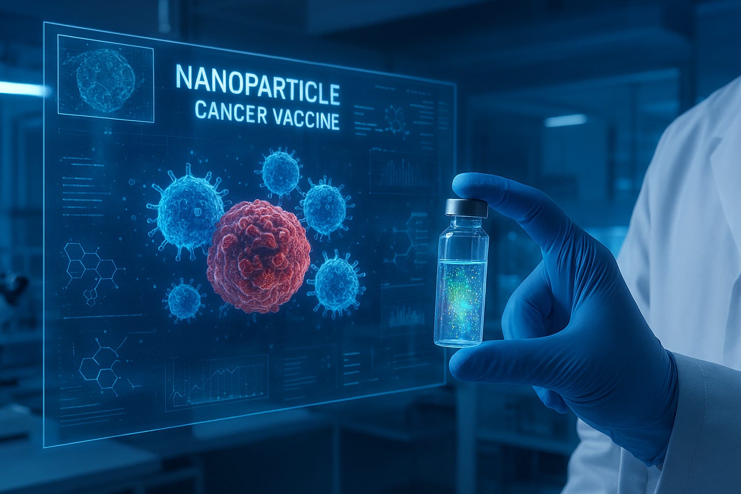 A high-tech biomedical research lab illuminated with cool white and blue lighting. In the foreground, a scientist in a white lab coat holds a transparent vial containing shimmering nanoparticles that glow faintly in multiple colors, symbolizing the 'nanoparticle cancer vaccine.' Behind them, a digital display projects a vivid 3D holographic visualization of human cells and immune T cells attacking a cluster of cancer cells. Microscopic images, molecular structures, and data graphs float holographically around the workspace. The scene evokes precision, hope, and innovation—representing the frontier of cancer prevention through nanotechnology. The overall tone is scientific, futuristic, and optimistic.