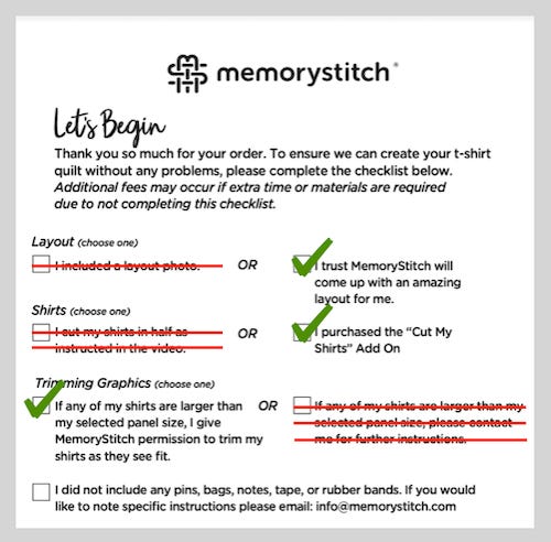 order form for memorystitch.com that allows you to ship your uncut T-shirts and allow the vendor to arrange the quilt so that you only have to pack up the shirts and ship them, no other decisions