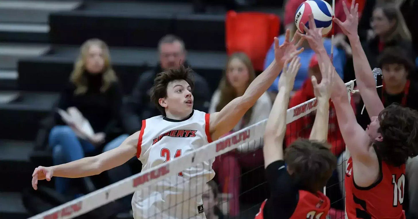 Ryan DeJohn plays during an NCAA men's volleyball match against D'Youville University, Saturday, Jan. 10, 2026, in Rochester, N.Y.