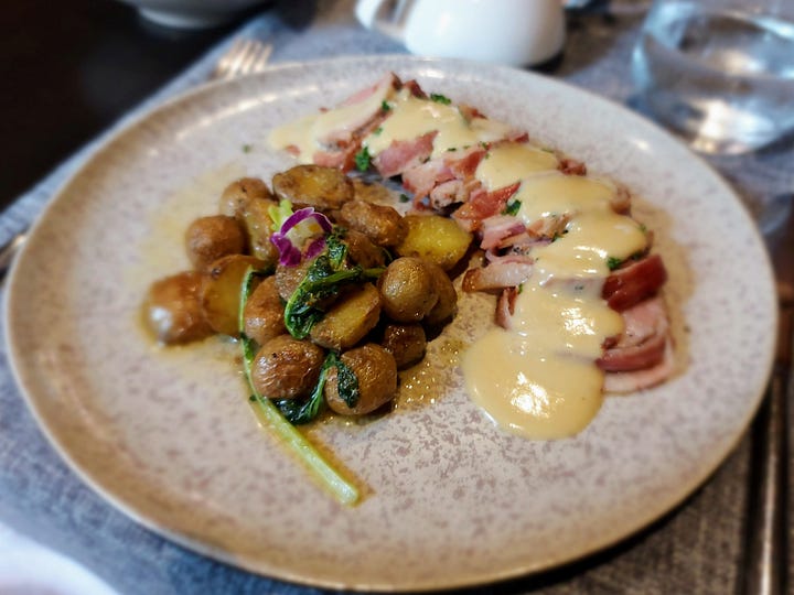 photos of a soup, a main entre, a serving of pasta, and some dessert
