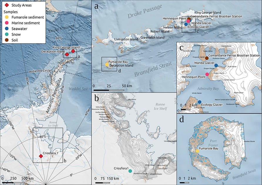 Recortes de mapas da Antártica, com destaque para a Ilha Deception.