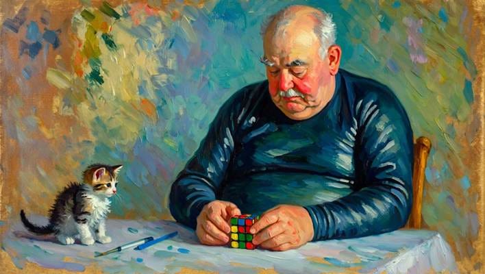 A person sitting at a table with a cat and a rubik's cube

AI-generated content may be incorrect.