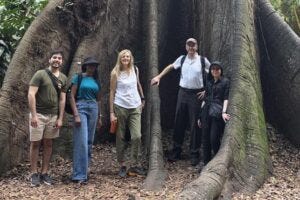 Professor Heiko Balzter, Dr Nezha Acil (right) and University of Leicester colleagues at a zoobotanical garden at the Museu Emilio Goeldi in Belém, with trees and animals from the Amazon.
