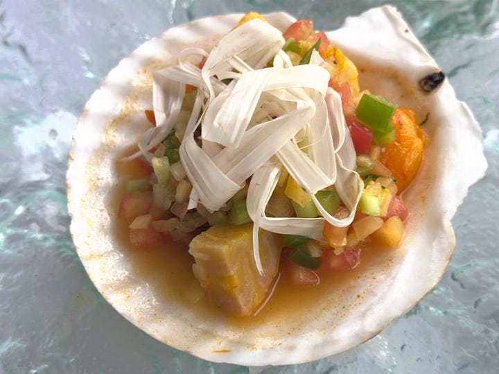Left to right, top to bottom: Blue Fish Tataki, Almejas Toshi, Shrimp Ceviche, and Ceviche Clásico