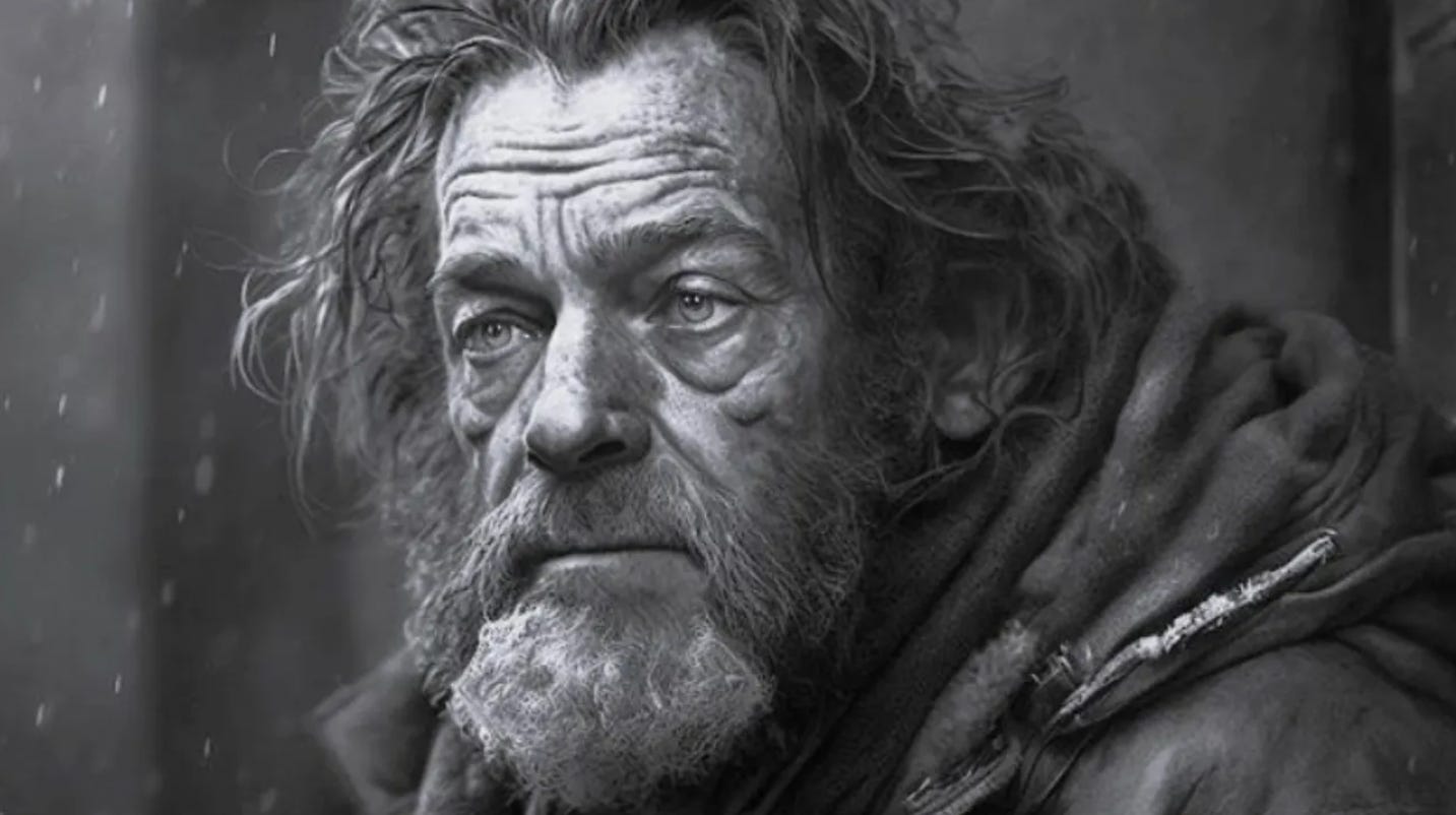 A somber, gritty depiction of a person facing the isolation of homelessness and the void of existential hopelessness.