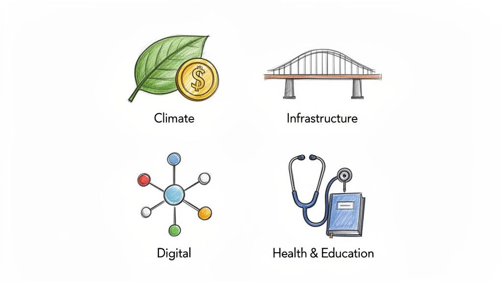 Four icons representing key international development sectors: Climate, Infrastructure, Digital, and Health & Education. Four icons representing key international development sectors: Climate, Infrastructure, Digital, and Health & Education.
