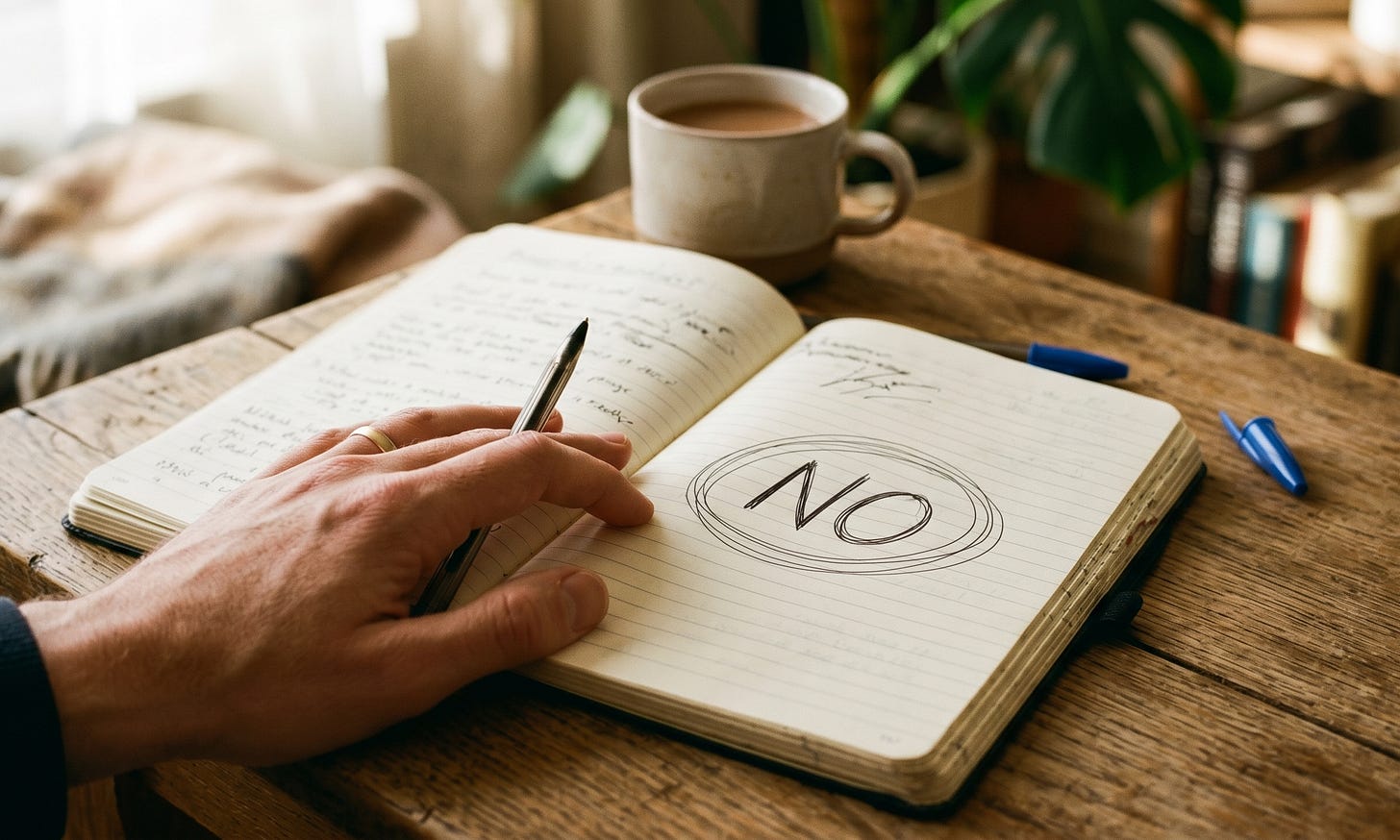 A close-up photograph of a person's left hand, adorned with a simple gold wedding band on the ring finger, resting on the open right-hand page of a vintage-style, lined journal. A silver pen is held loosely between the index finger and thumb, with the tip pointed towards the bottom-left corner of the journal. Centered on the open page, the word "NO" is hand-written in black ink and encircled by multiple hand-drawn concentric circles. The left-hand page of the journal features other small, illegible hand-written notes and a pen flourish. In the background, on a dark wooden table, are a light grey mug with a reddish rim, two scattered pen caps, a monstera plant, and a row of out-of-focus books on a shelf. A cozy blanket is folded in the soft background. The natural light from a window creates a warm, rustic atmosphere. The composition is horizontally oriented, with the hand in the foreground and the surrounding objects creating a detailed, personal workspace. The journal has rough, textured, aged pages. The overall feel is quiet, contemplative, and focused on the handwritten word.