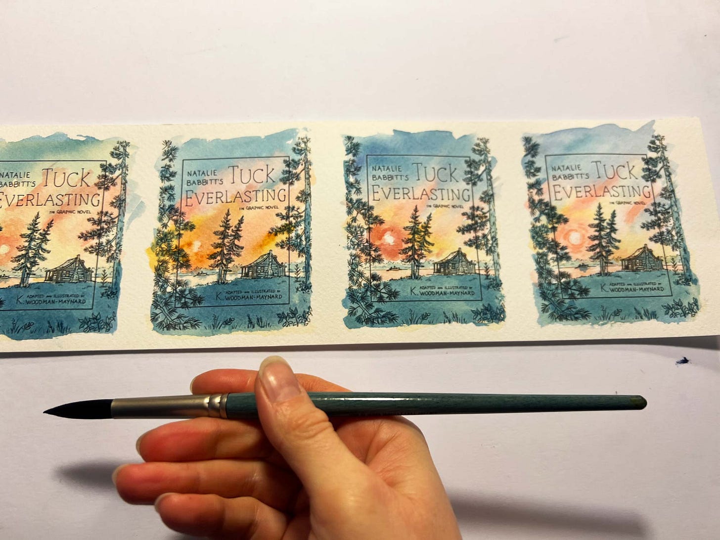 Watercolor thumbnails of graphic novelist K. Woodman-Maynard's graphic novel adaptation of Tuck Everlasting’s cover art. 