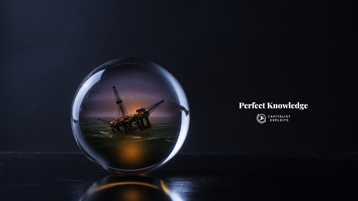 Crystal ball reflecting offshore oil drilling rig platform at sunset with Perfect Knowledge branding