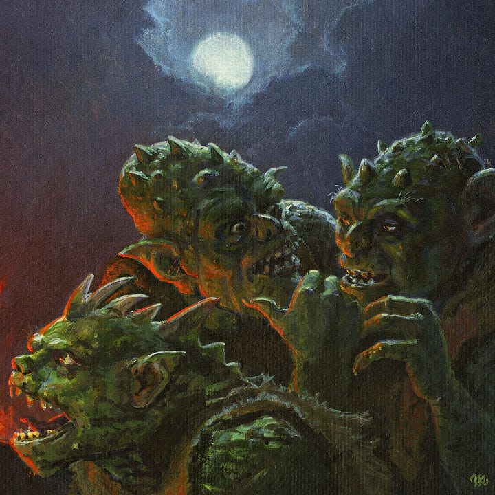 LEFT: Detail from HOBBIT IN A PINCH featuring William the troll holding up a surprised Bilbo Baggins by the back of his tunic. Bilbo's head swings forward with the motion of being jerked upward. He throws his arms out to stop. His legs fly out from under him. A fire blazes behind the troll's arm. Rendered in profile, it's eyes are fixed on the hobbit and its mouth is open as if speaking. RIGHT: Detail from HOBBIT IN A PINCH featuring the three trolls with focus on Bert and Tom in the background. One points a thumb at the "pinched" hobbit and appears to be explaining to the other whose eyes are lit with orange from the fire. Overhead, the cloud cover breaks to reveal the full moon.