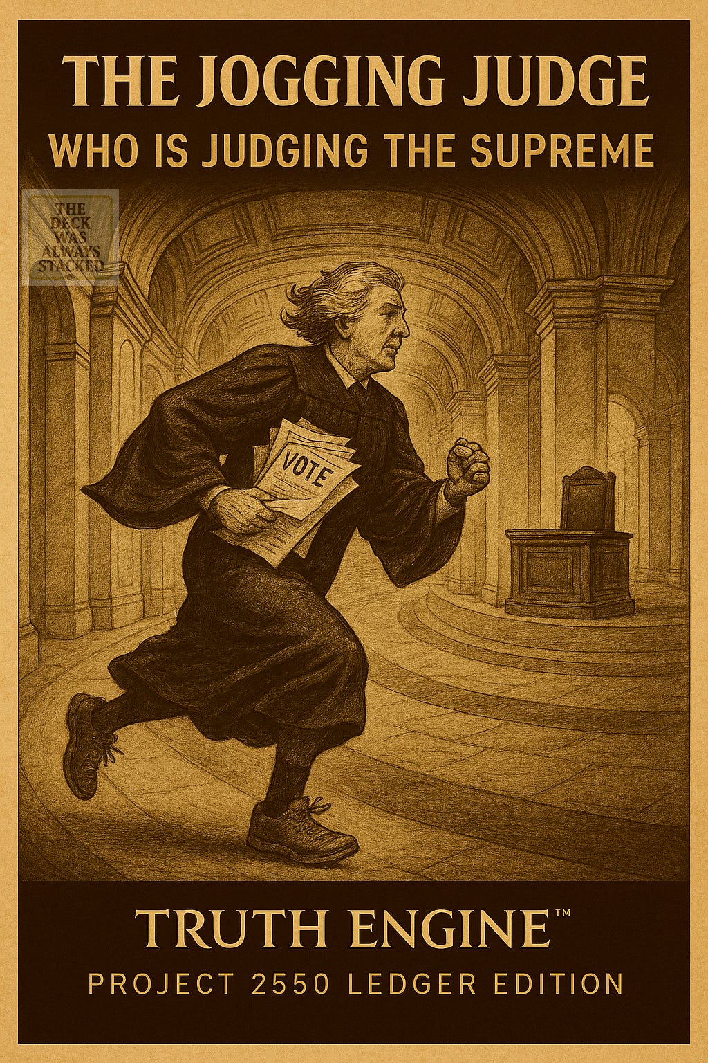 ⚖️ THE JOGGING JUDGE Alt: Sepia illustration of a judge in robes and running shoes sprinting through marble halls with papers marked VOTE, symbolizing justice chasing its own shadow. Tags: #TruthEngine2550 #Project2550 #JusticeInMotion SEO Title: The Jogging Judge | Truth Engine 2550 Project Ledger