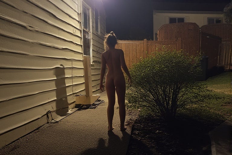 prompt=A casual photo of a young nudist woman sneaking around the house outside at night. It's a casual photo.
negativePrompt=tattoos tan lines
guidanceScale=7
seed=39147621