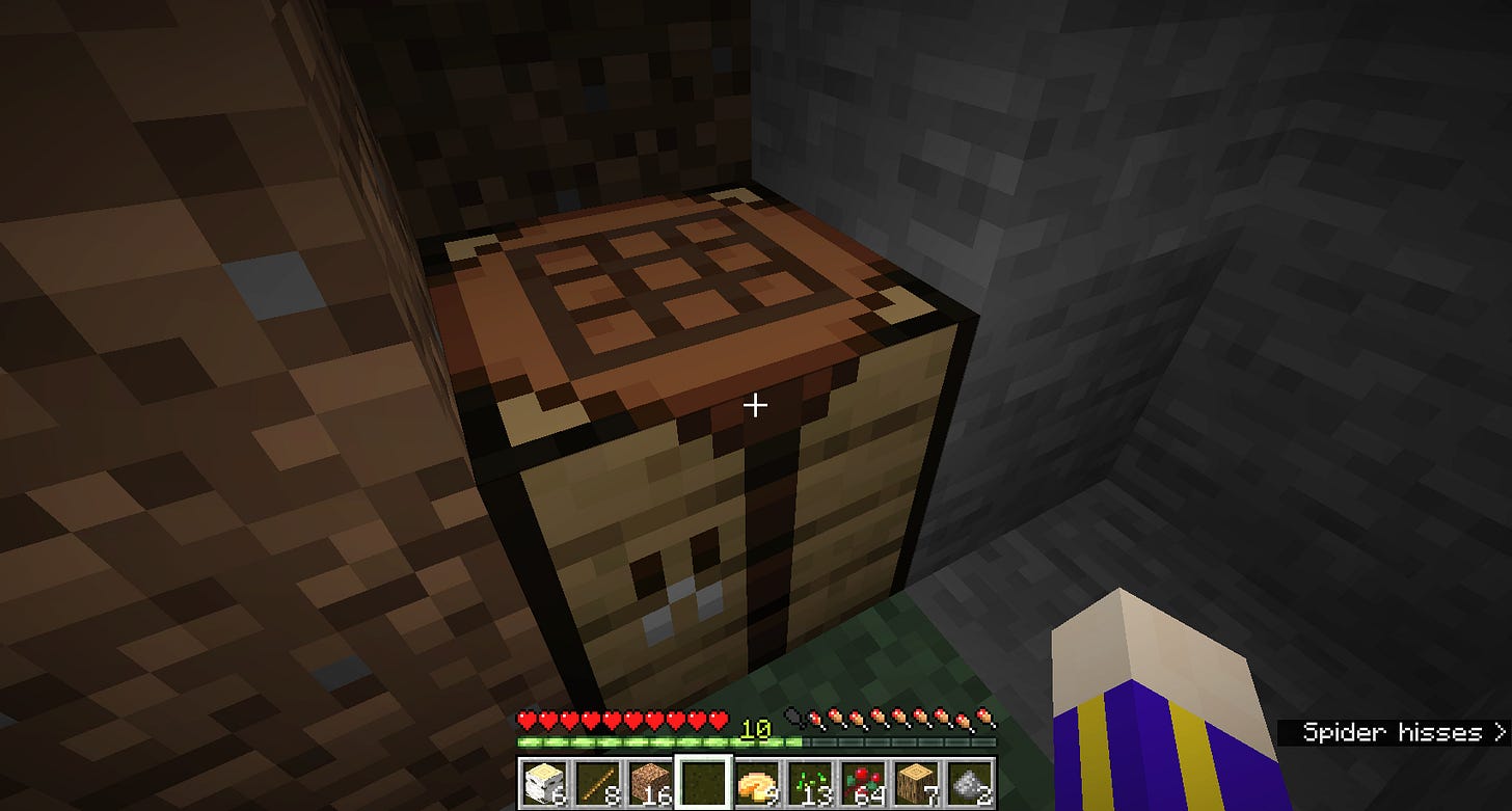 Crafting table placed in a corner of a dirt shelter Crafting table placed in a corner of a dirt shelter
