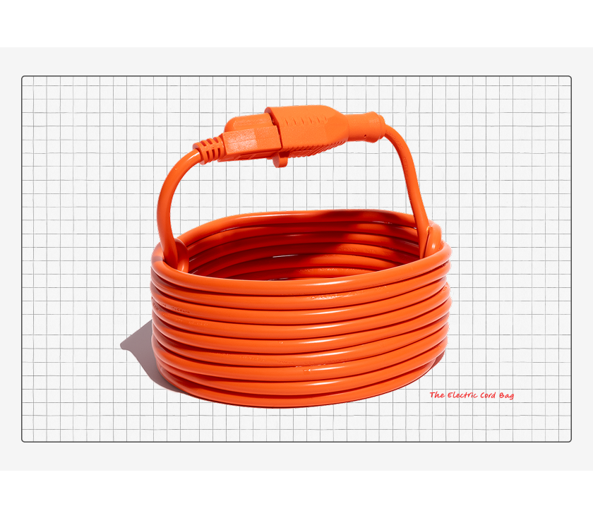 An orange extension cord coiled into a circular basket shape with the plug looped up as a handle, displayed on a white grid background. Text reads "The Electric Cord Bag." An orange extension cord coiled into a circular basket shape with the plug looped up as a handle, displayed on a white grid background. Text reads "The Electric Cord Bag."