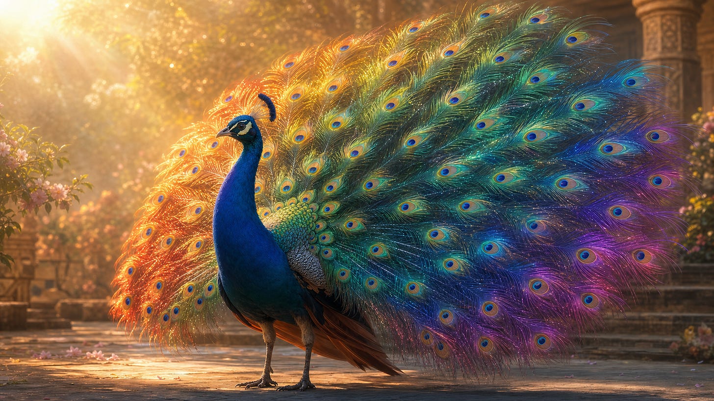 A reverent illustration of a peacock whose rainbow-like plumage seems made of living light. A reverent illustration of a peacock whose rainbow-like plumage seems made of living light.