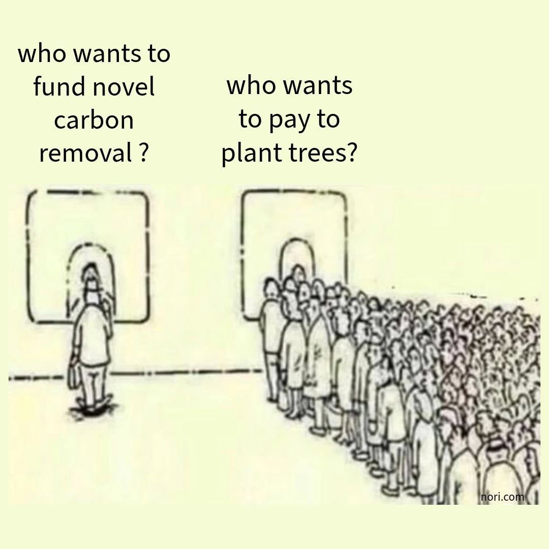 A cartoon of two doors. One man stands at the door labelled "who wants to fund novel carbon removal?"; a huge crowd queues at the door labelled "who wants to pay to plant trees?"