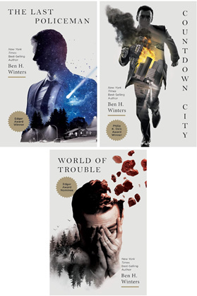 Three books by Ben H. Winters feature a man running, a man holding his head,  and a policeman in a suit and tie, all on a white background.
