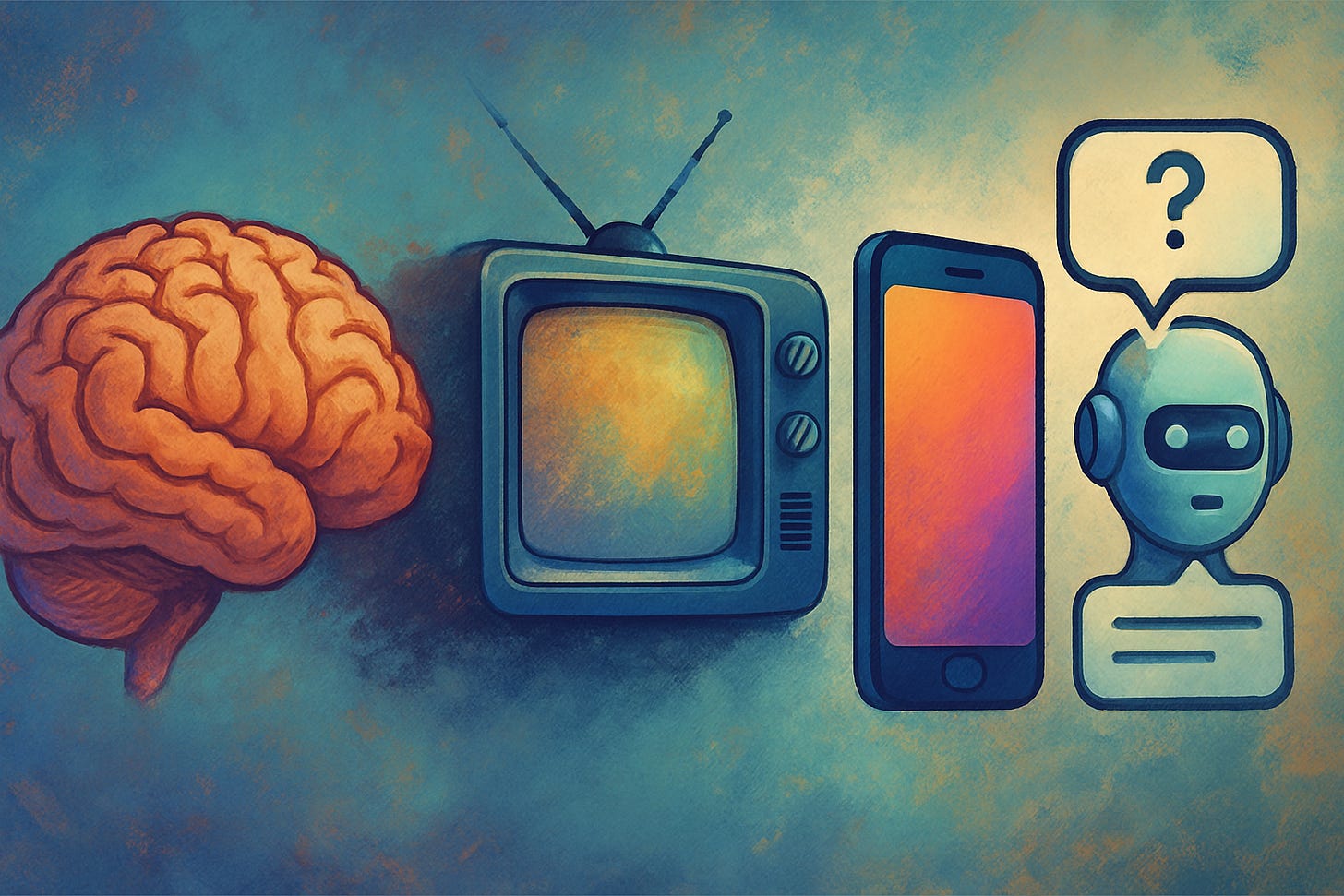 A surreal illustration of a human brain gradually morphing into a television, then a smartphone, and finally a glowing AI chat window, symbolizing the evolution of media shaping human cognition.