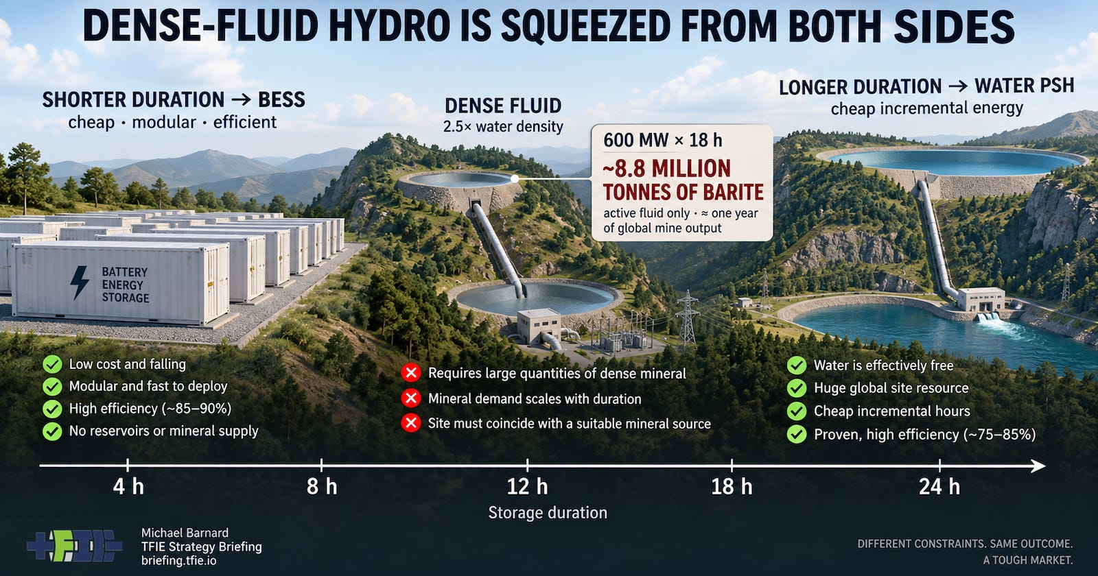 Infographic showing BESS on the left, dense-fluid pumped hydro in the centre and conventional off-river pumped hydro on the right across a 4–24 hour duration scale. A callout shows that a 600 MW, 18-hour dense-fluid system would require about 8.8 million tonnes of barite in active fluid alone.
