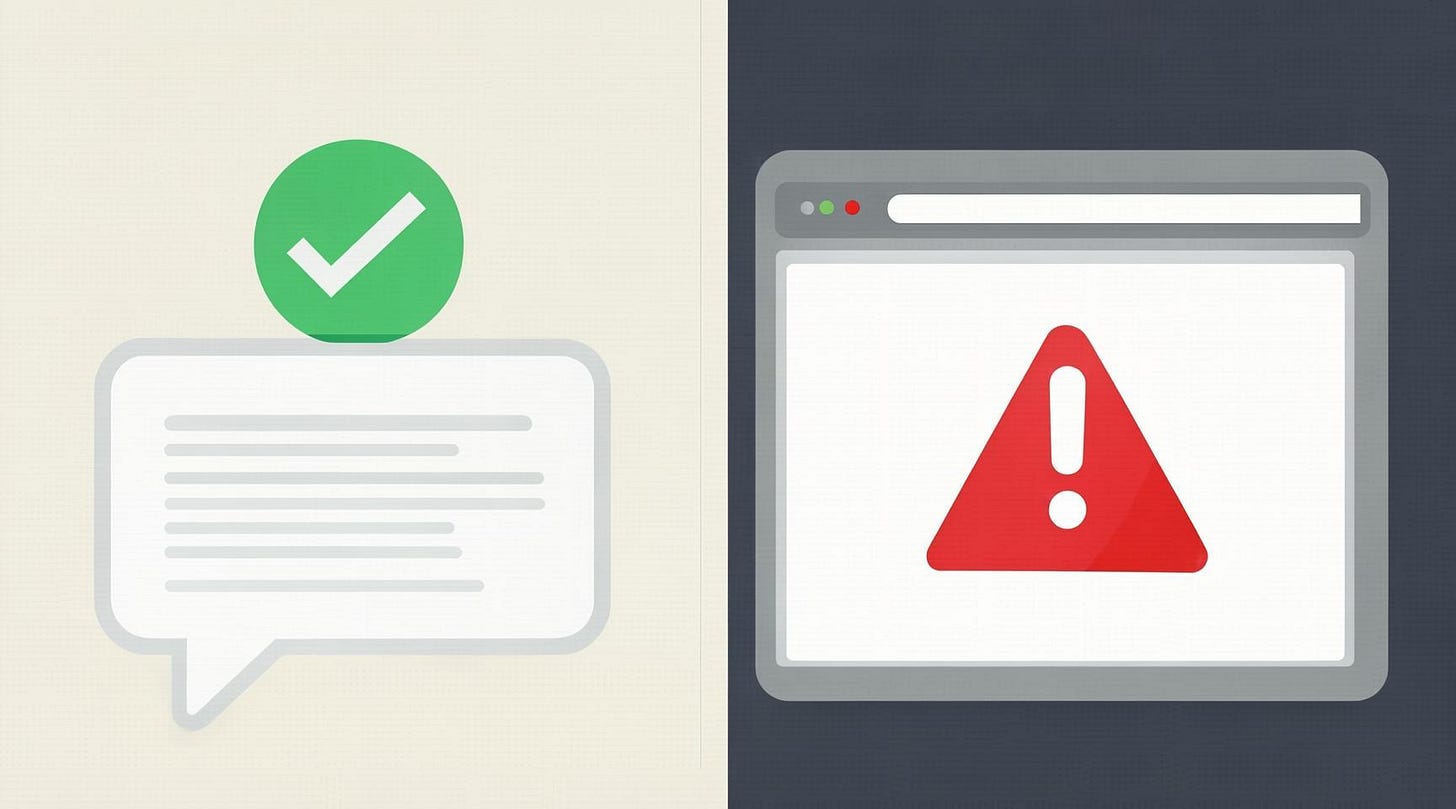 Split illustration: calm AI chat with a checkmark beside a web browser view showing an error state, representing an AI coding agent that claims a fix while the application still fails.